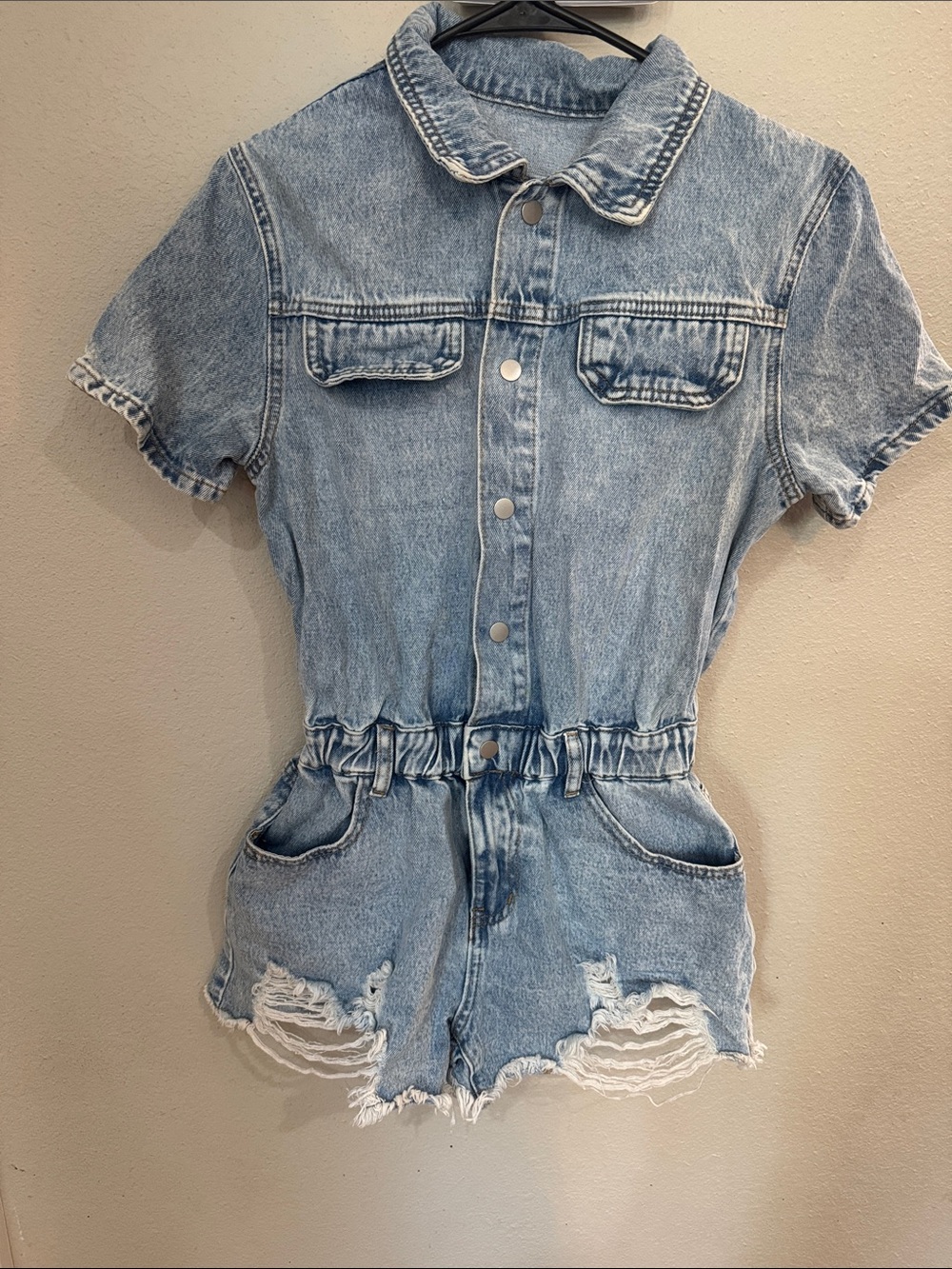 Light Wash Denim Short Sleeve Romper - Blue